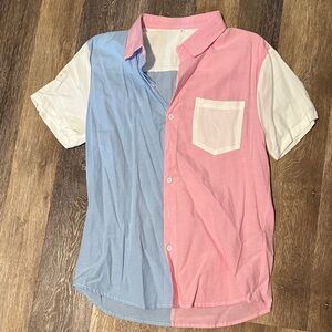 Colorblock Pink and Blue Short Sleeve Shirt